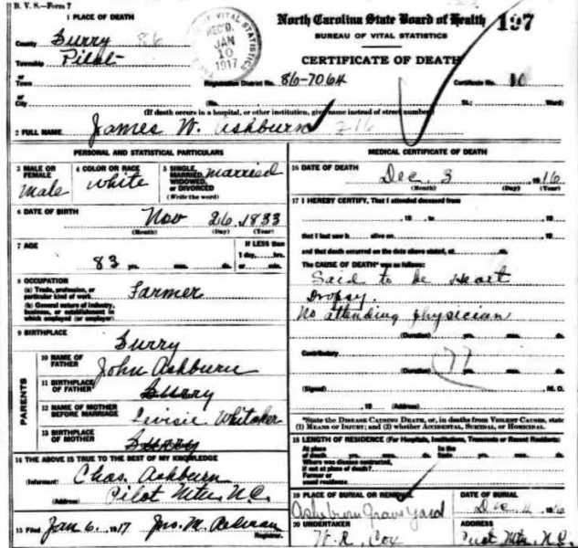 James Washington Ashburn Birth Certificate