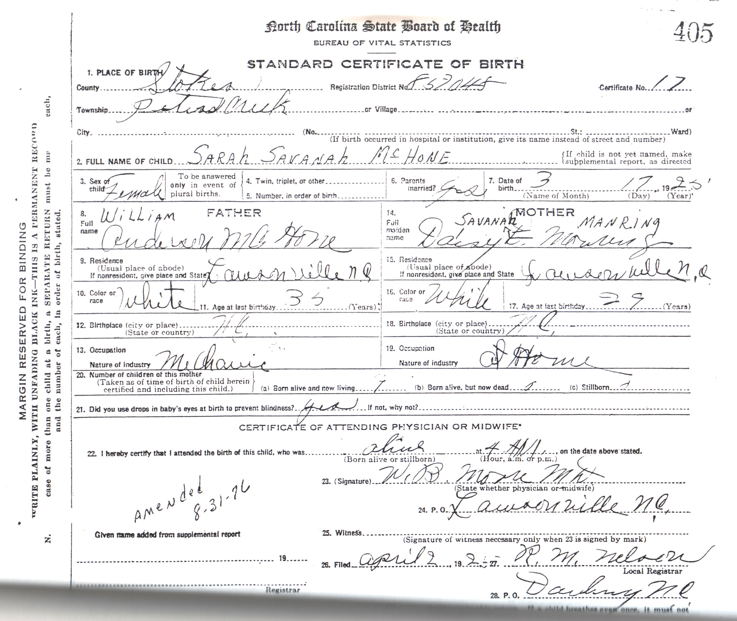 Sarah Savannah McHone Birth Certificate